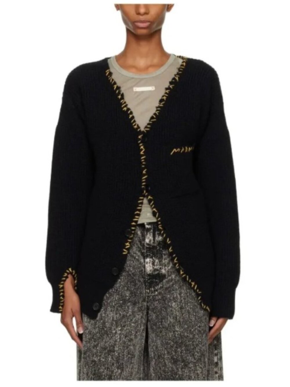 Marni Ribbed Knit Black Whipstitch Wool V-Neck Cardigan Sweater Pink Sz 36 US 2